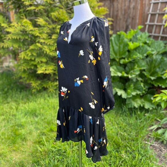 Joie Agrafene Dress Black Silk Floral Asymmetrical Ruffle Short Size Medium - Picture 7 of 15